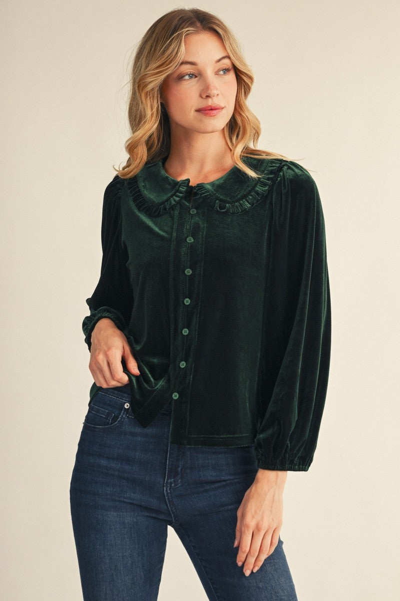 Velvet Charm Ruffle-Collar Button-Up Top