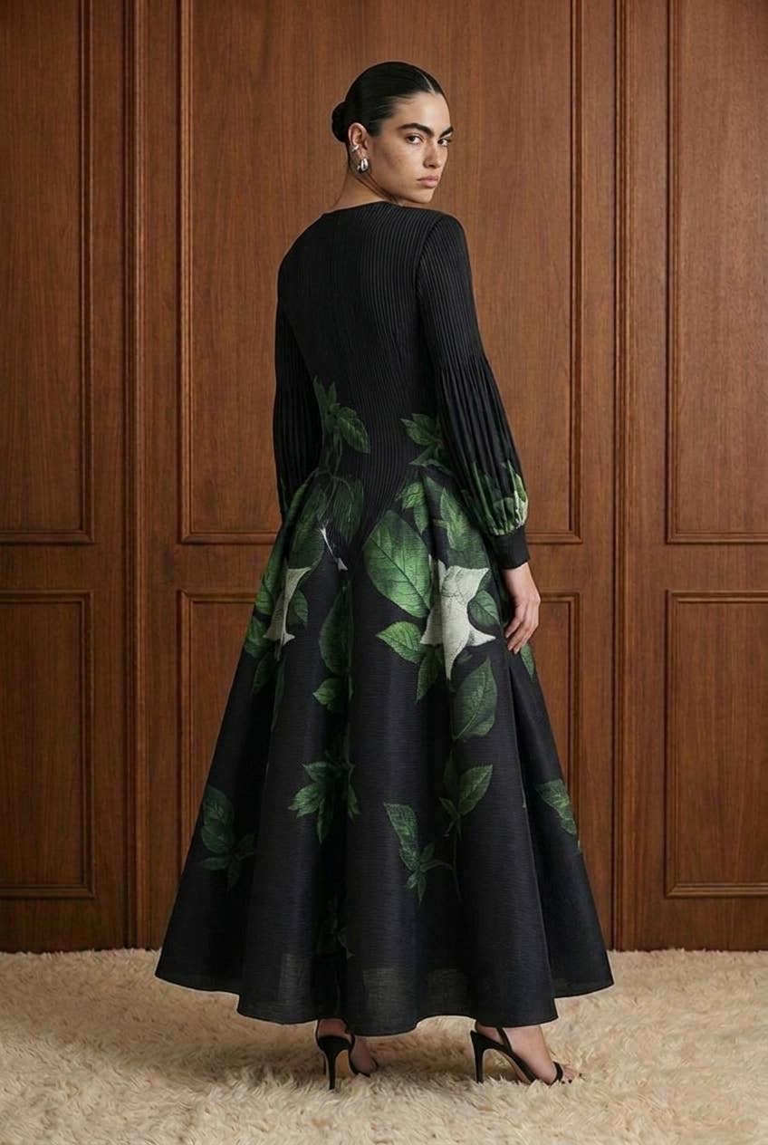 Mixed Media Botanical Basque Waist Dress