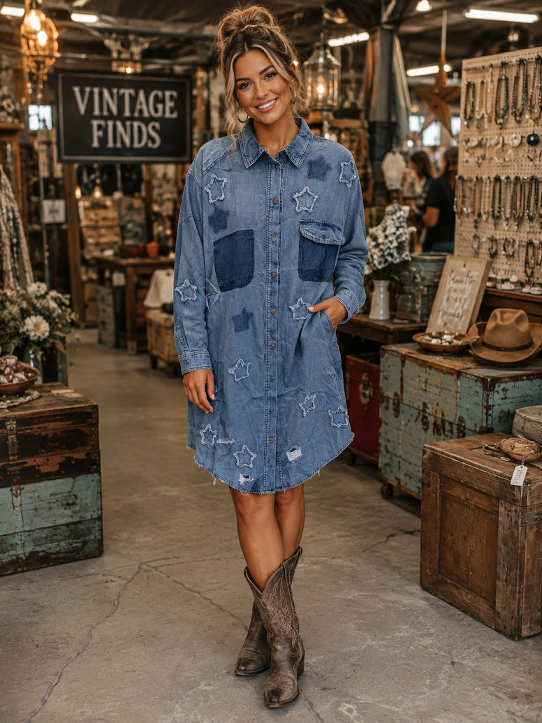 Starlit Denim Shirt Dress