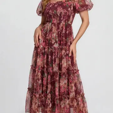 Floral Rose Burgundy Tulle Dress