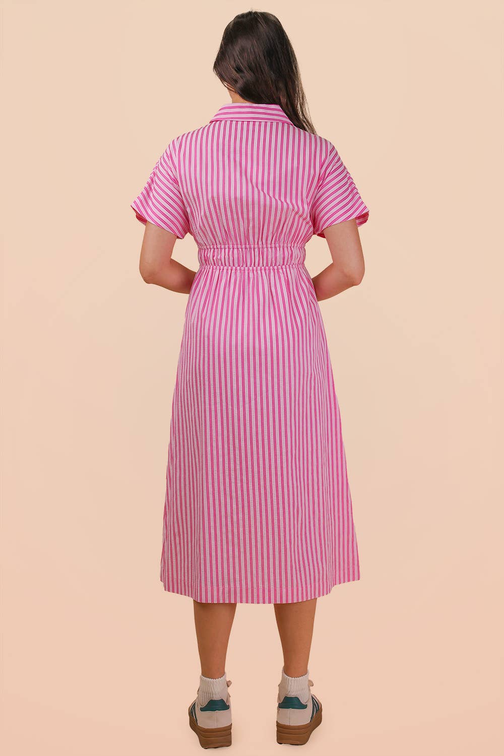 Stripe Waist Pleated Midi Shirt Dres