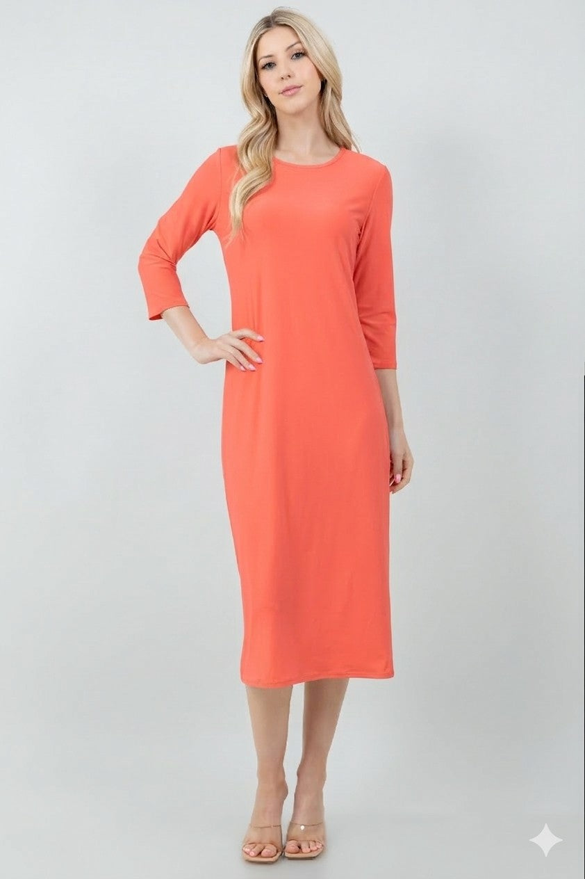 3/4 SLEEVE LAYERING DRESS> CORAL
