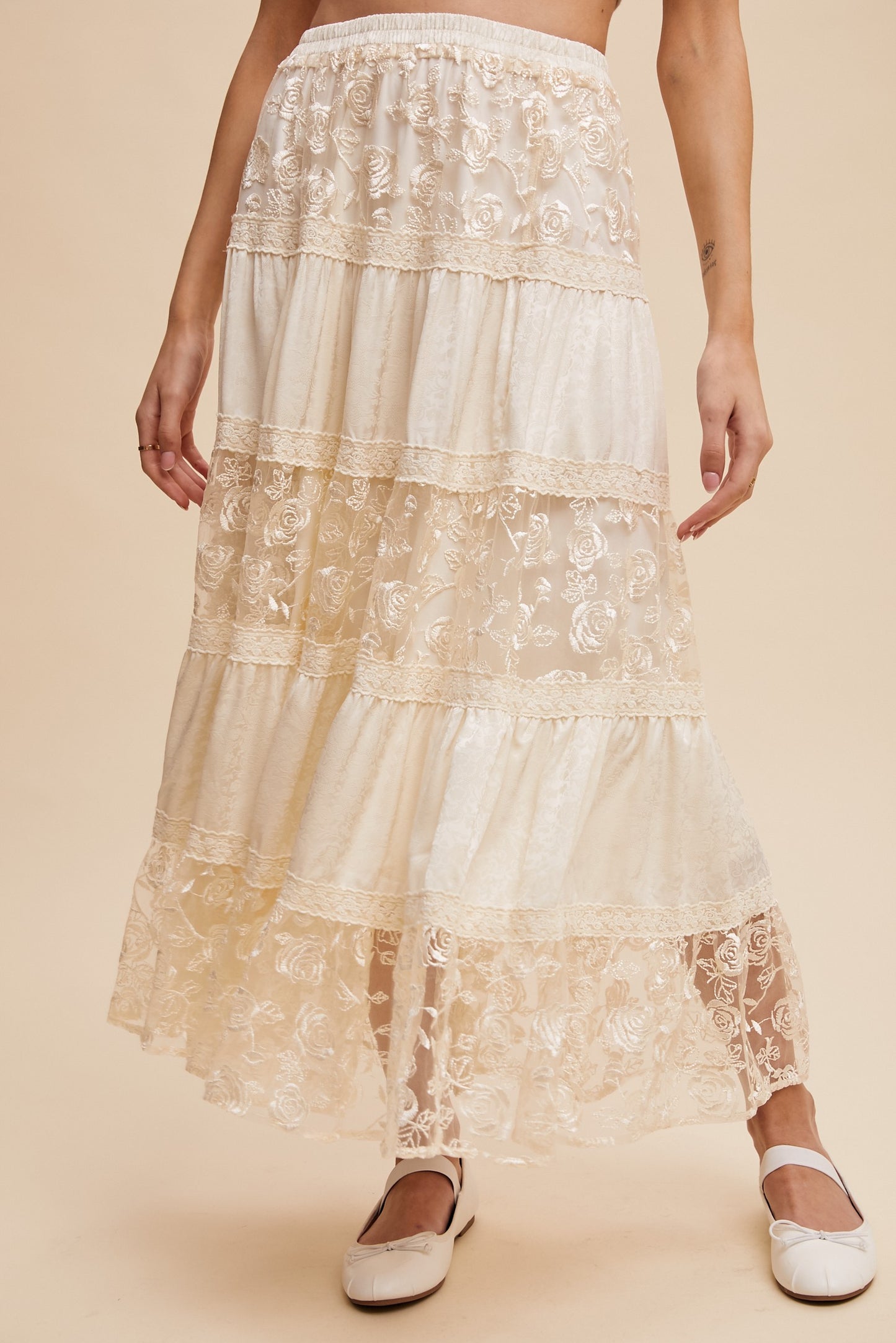 Floral Embroidered Tiered Maxi Skirt
