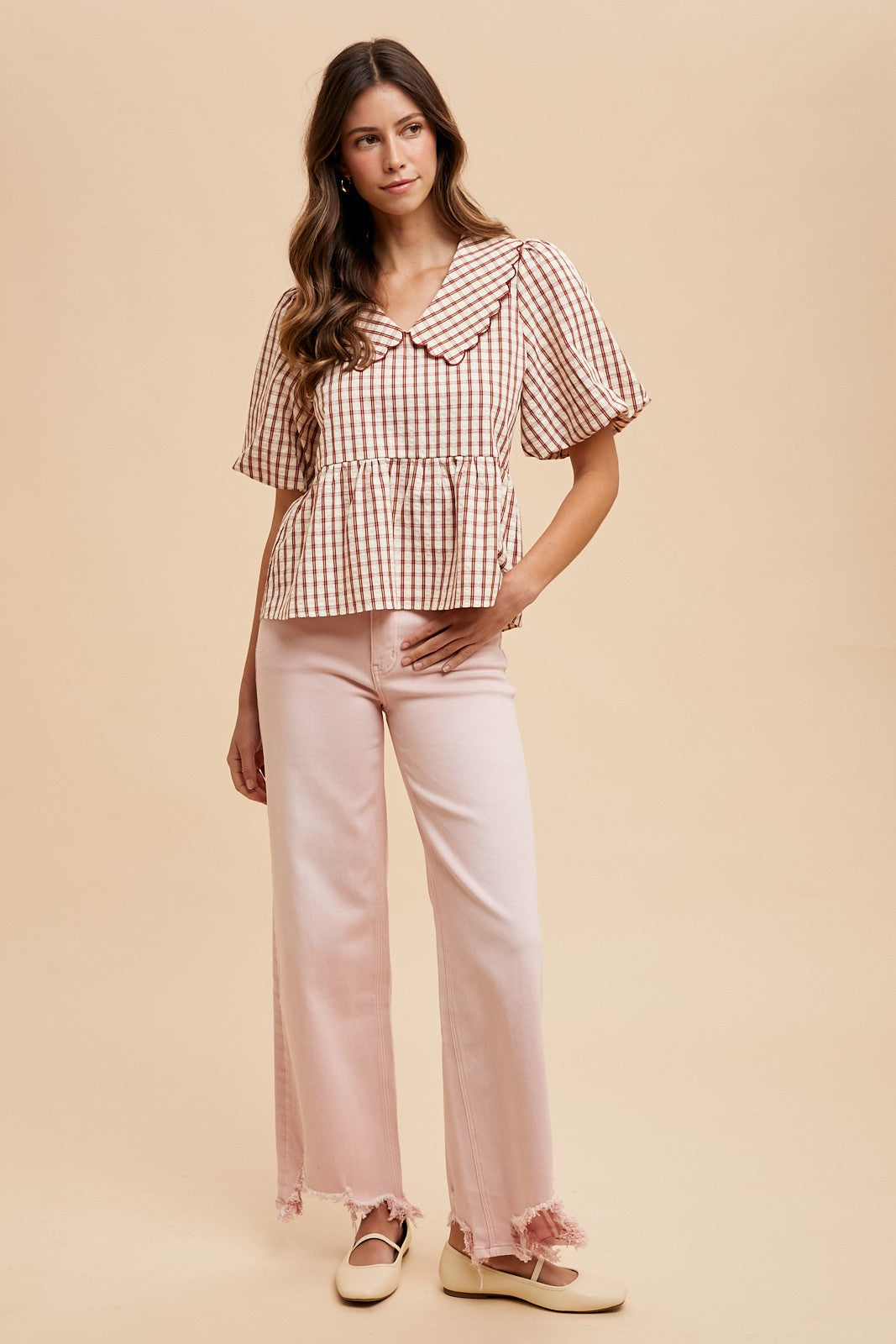 Plaid Puff Sleeve Peplum Blouse