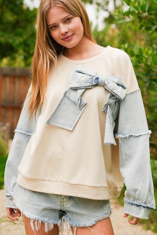 Mineral Washed Denim Bow Sweatshirt Top