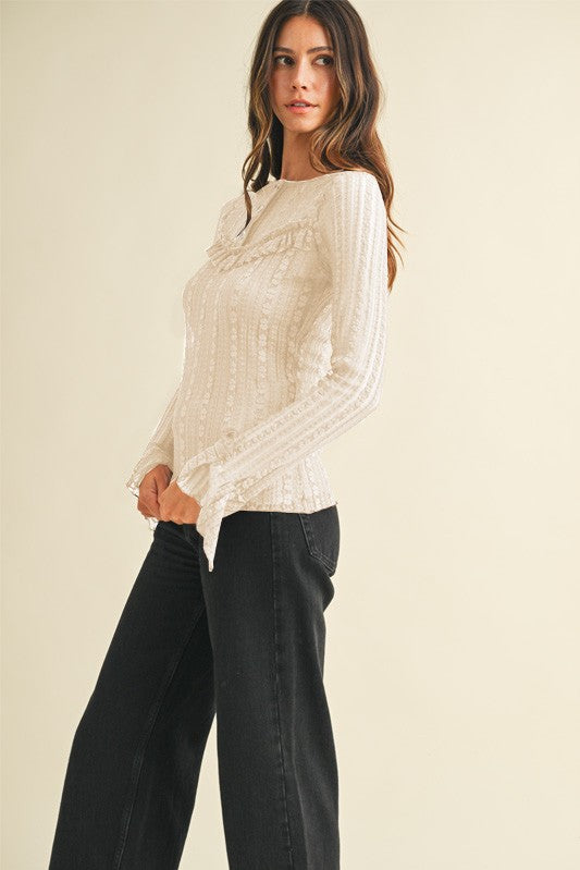 Stretch Lace Ruffle Detail Henley Neck Top