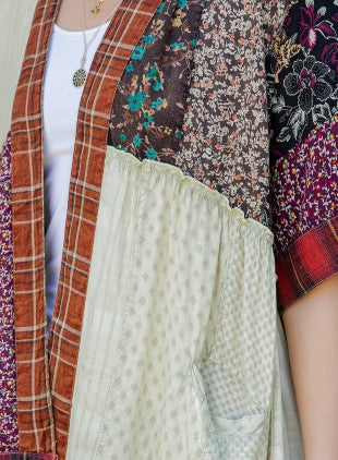 Patch Kimono Shrug With Draped Asymmetric Hem