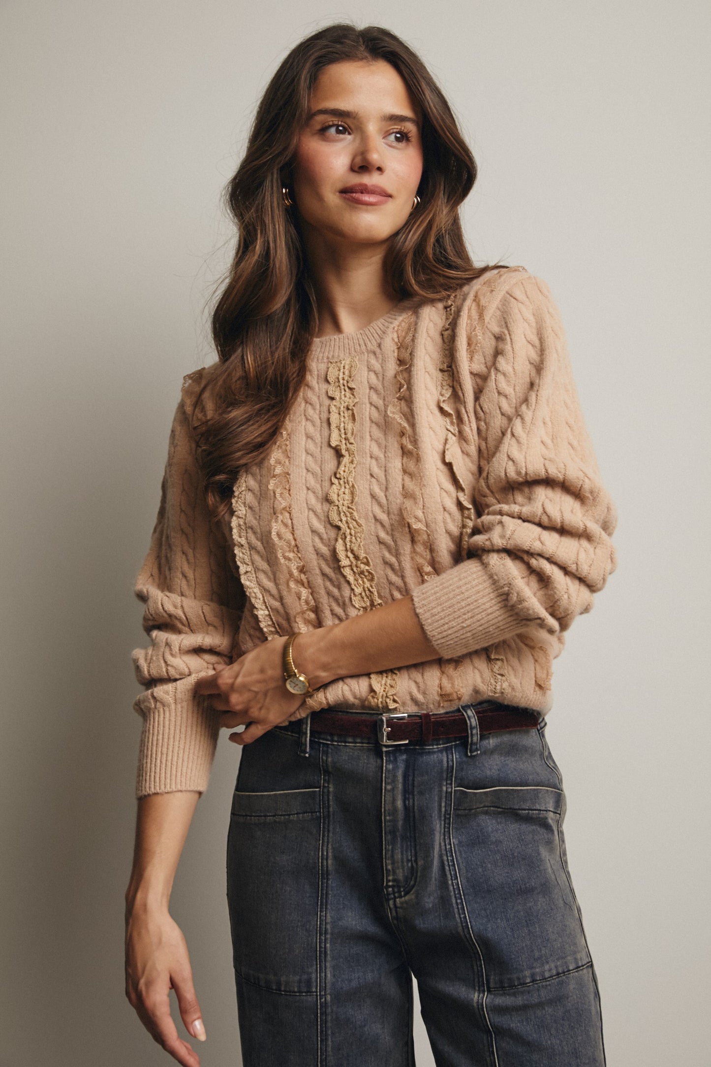 Lace Trim Cable Knit Pullover
