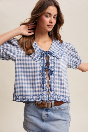 Martha's Gingham Embroidered Tie-front Blouse