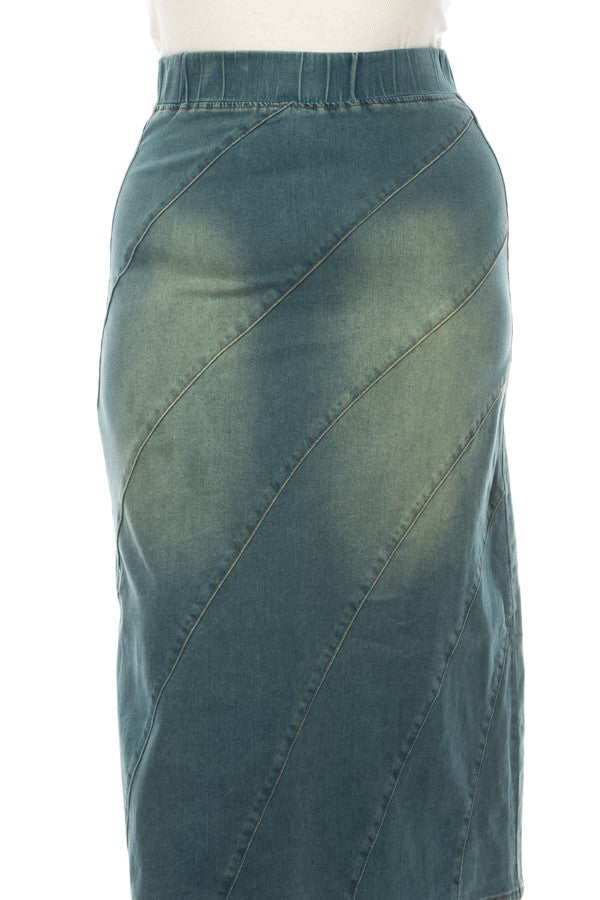 DENIM SKIRT: ELASTIC WAIST>MAXI> DIAGONAL SEAM