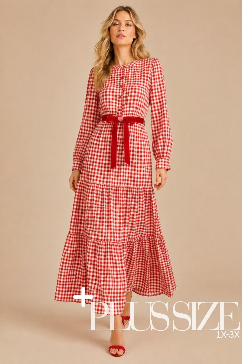 Cherry Charm Gingham Tiered Maxi Dress