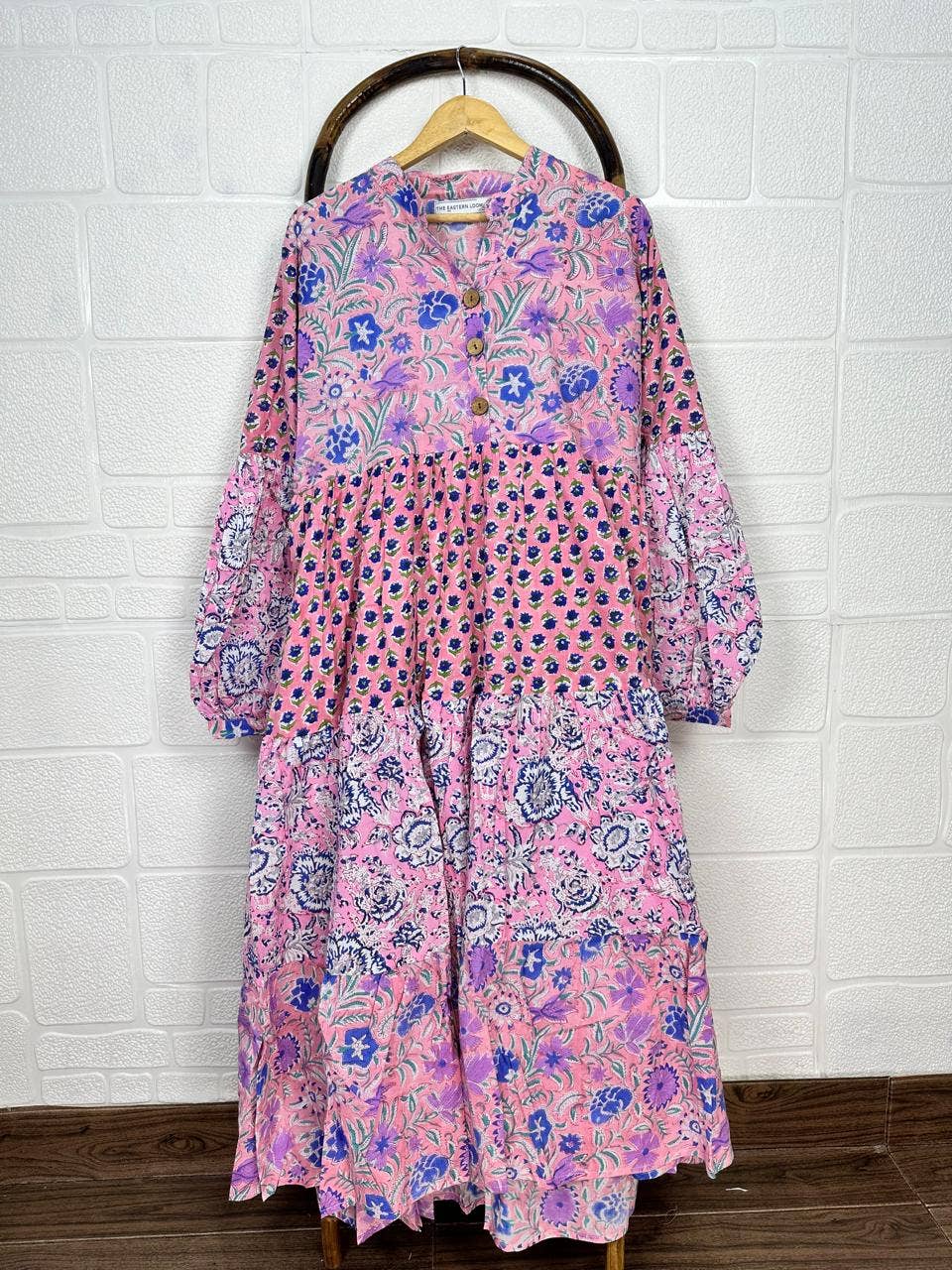 Pink 3 Layer Maxi Dress Pure Cotton Hand Block Print OneSize