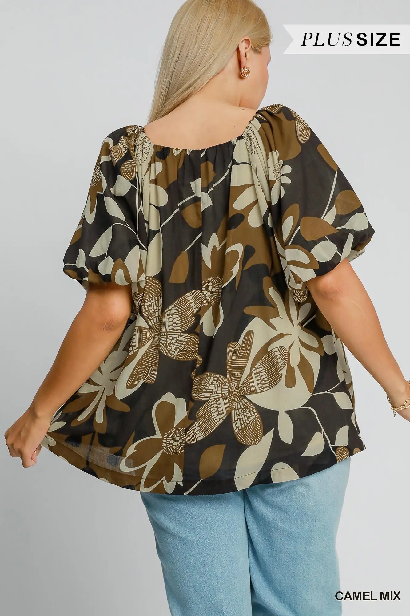 Round Neck Print Top Floral Camel Mix