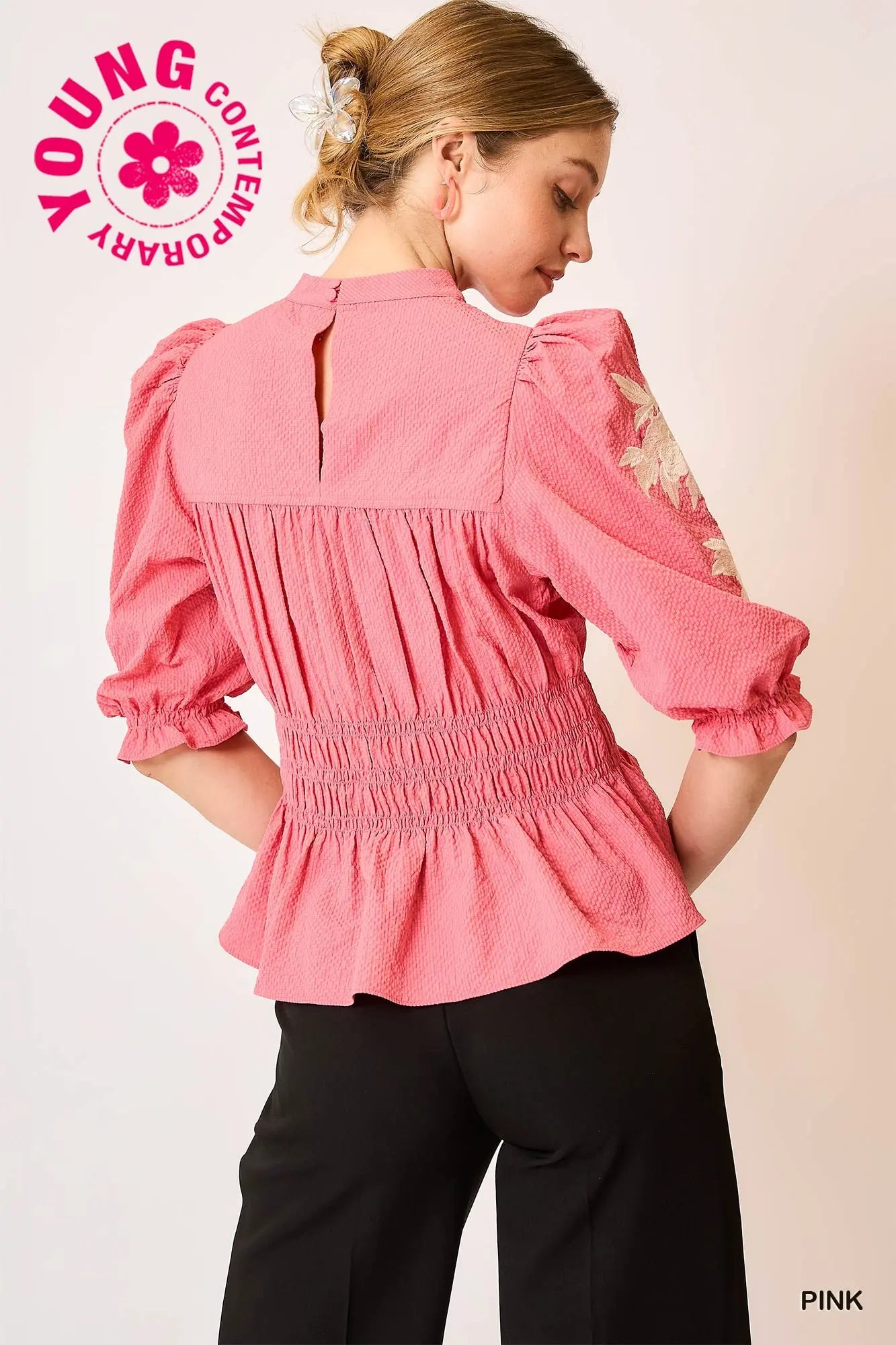 Peplum Blouse with Embroidered White on Puff Sleeves