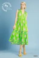 BRIGHT GREEN SLEEVELESS WITH PURPLE AND YELLOW FLOWERS