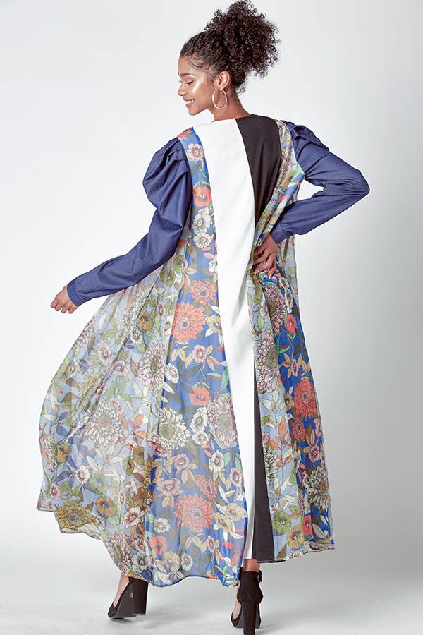 MIXED MATERIAL DRESS WITH PUFFED DENIM SLEEVES