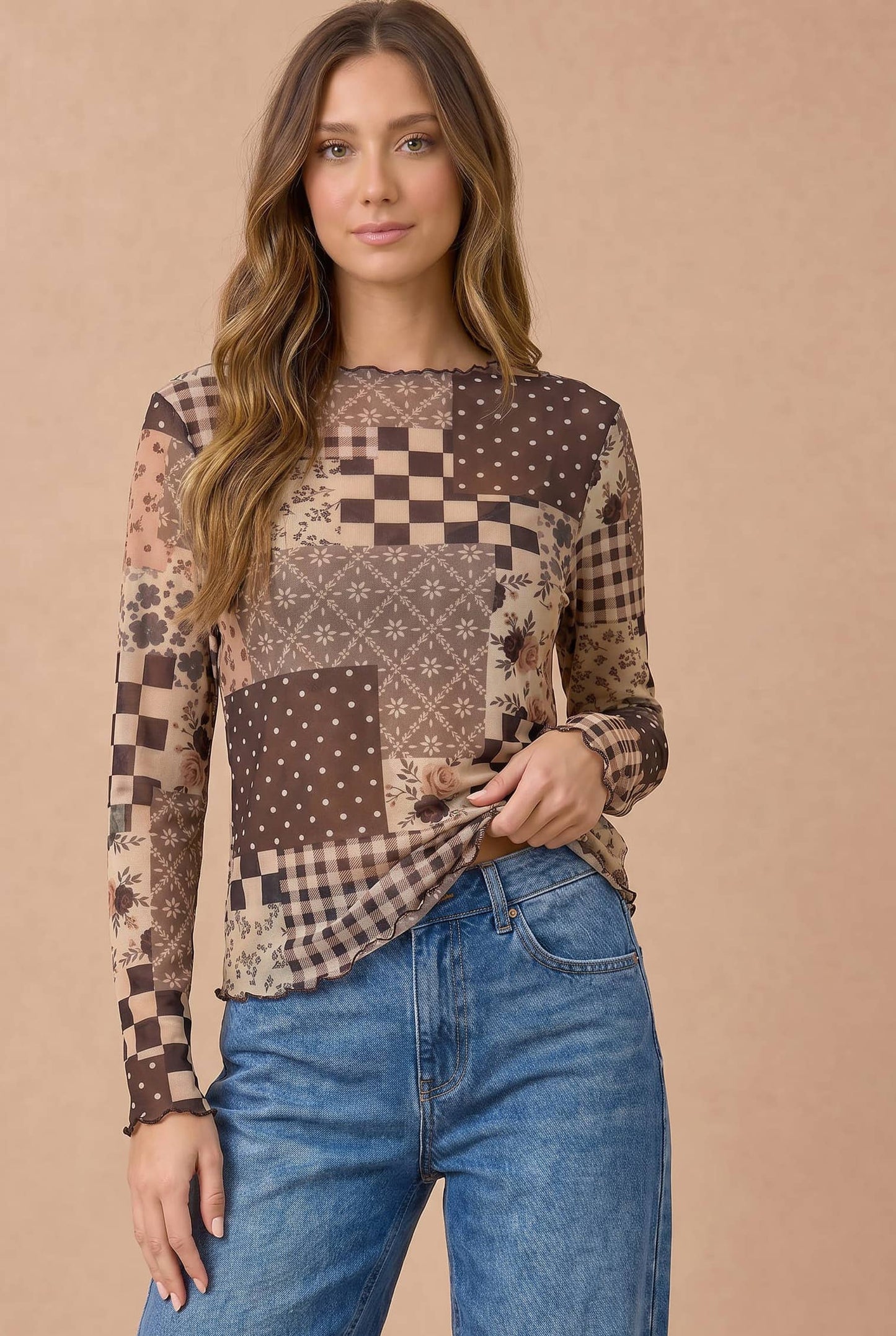 Patchwork Mesh Semi Sheer Top