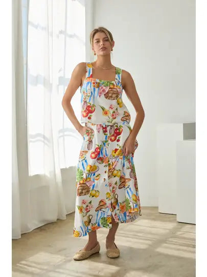 Picnic Button-Front Midi Skirt with Tropical Fruit & Florals