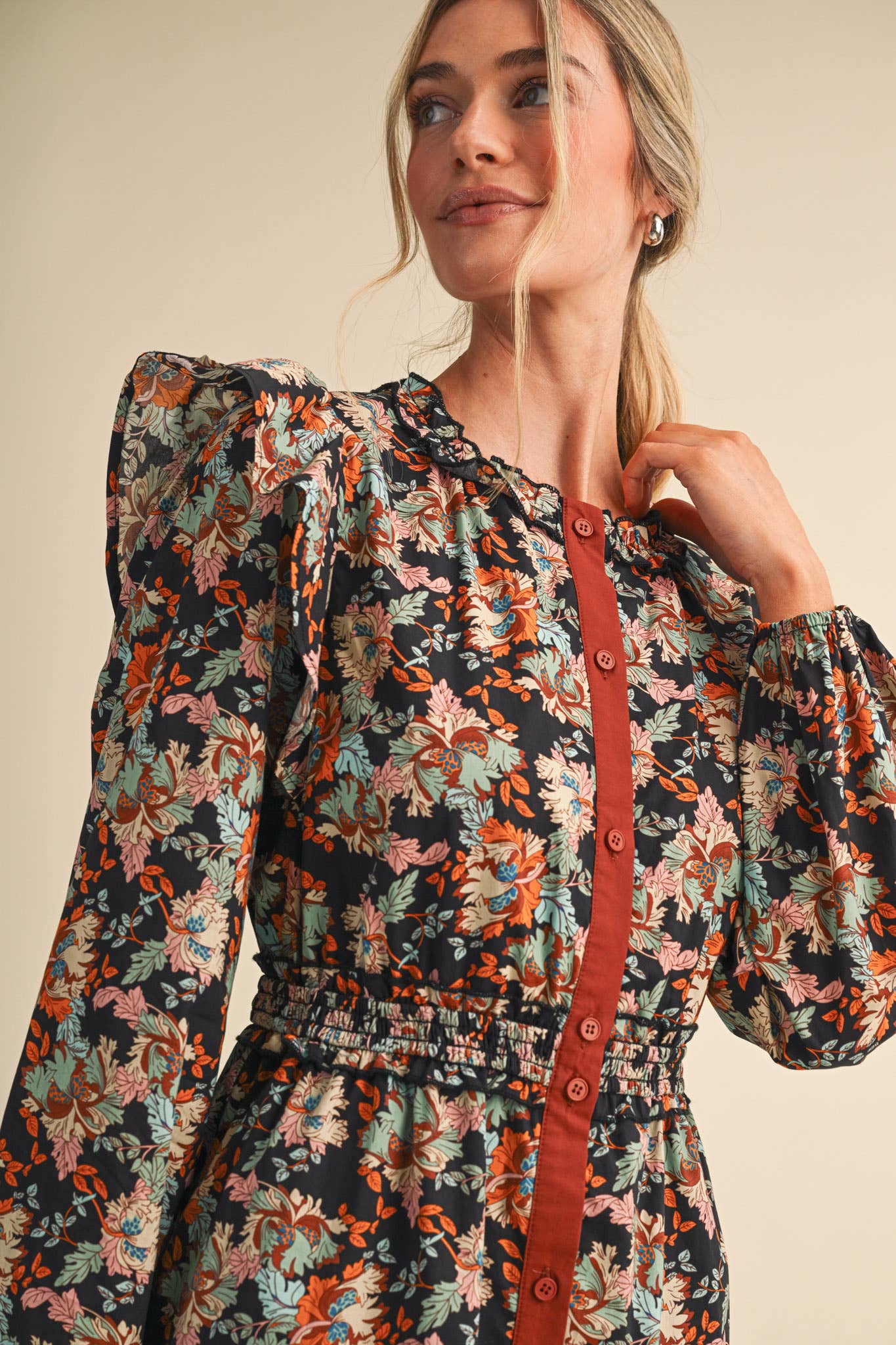 FLORAL BUTTON DOWN CONTRAST BINDING MIDI DRESS MDR5246