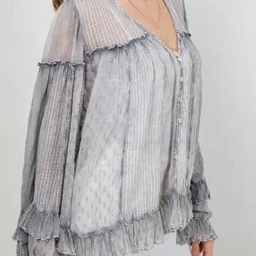 Dreamy Sheer V-Neck Ruffled Button-Front Top