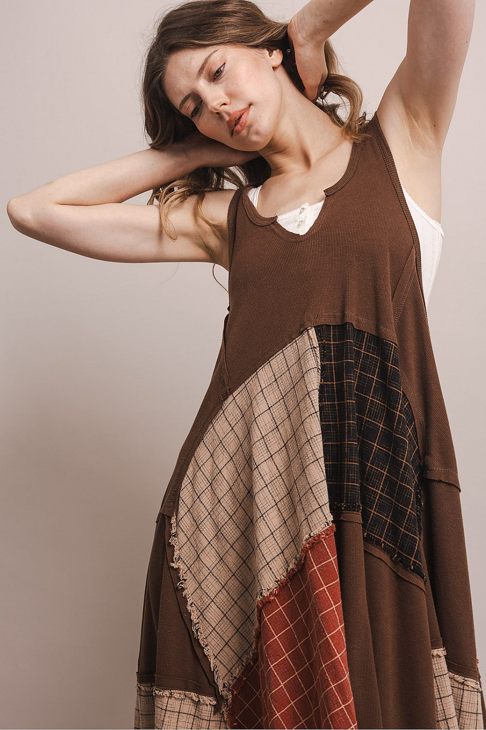 MOCHA>PATCHWORK RACER BACK TANK DRESS