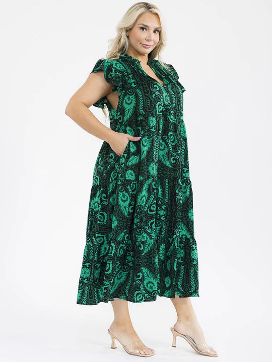 SHORT SLEEVE BUTTON UP FRONT POCKETS MULTI PRINT MAXI DRESS