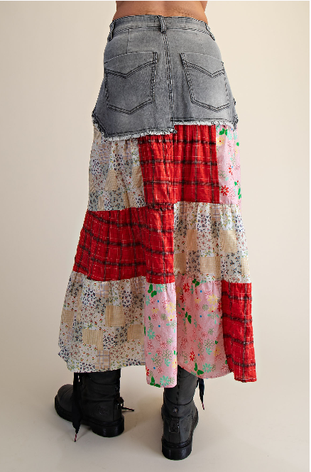 Red white bloom patchwork skirt