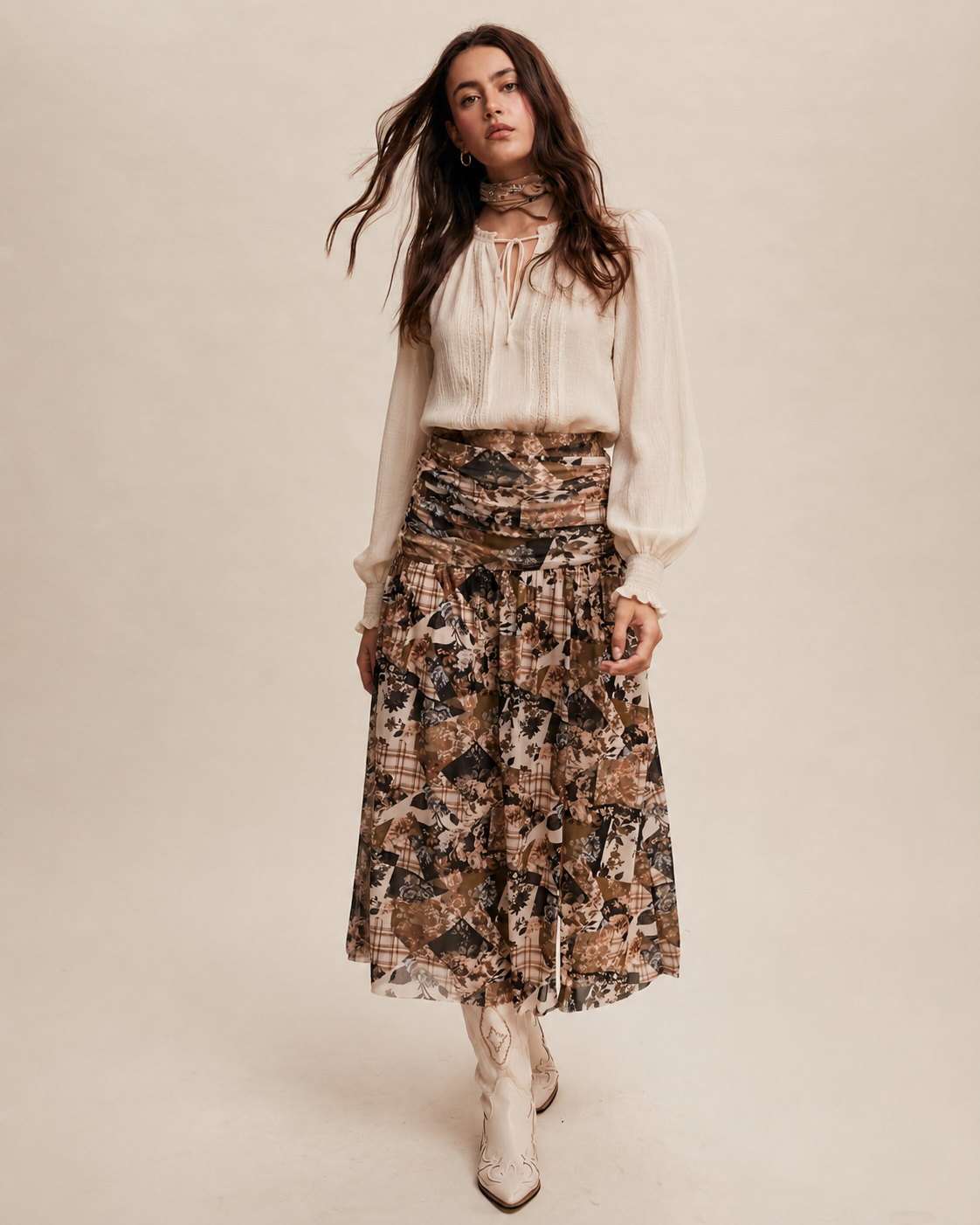 Olive green cow print patchwork skirt