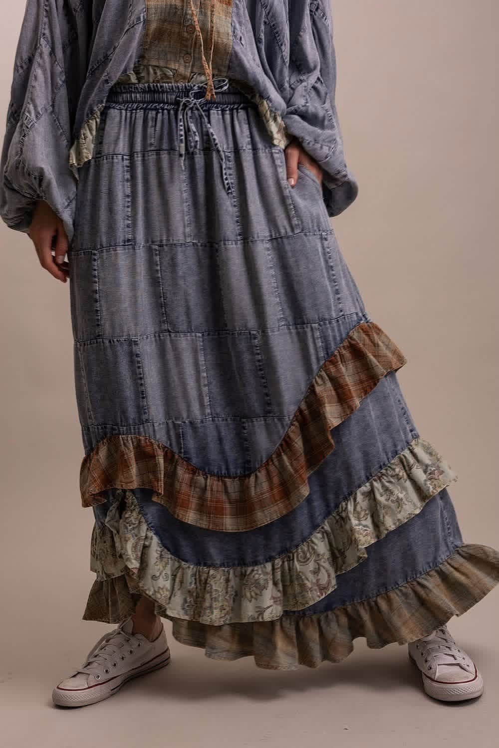 Patchwork Ruffle Long Skirt