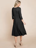 3/4 SLEEVE FIT & FLARE SOLID MIDI DRESS
