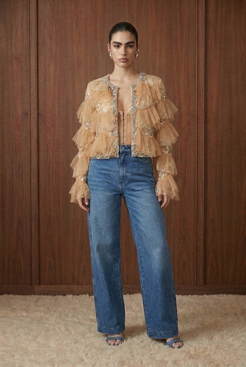 Embellished Tiered Ruffle Mesh Jacket