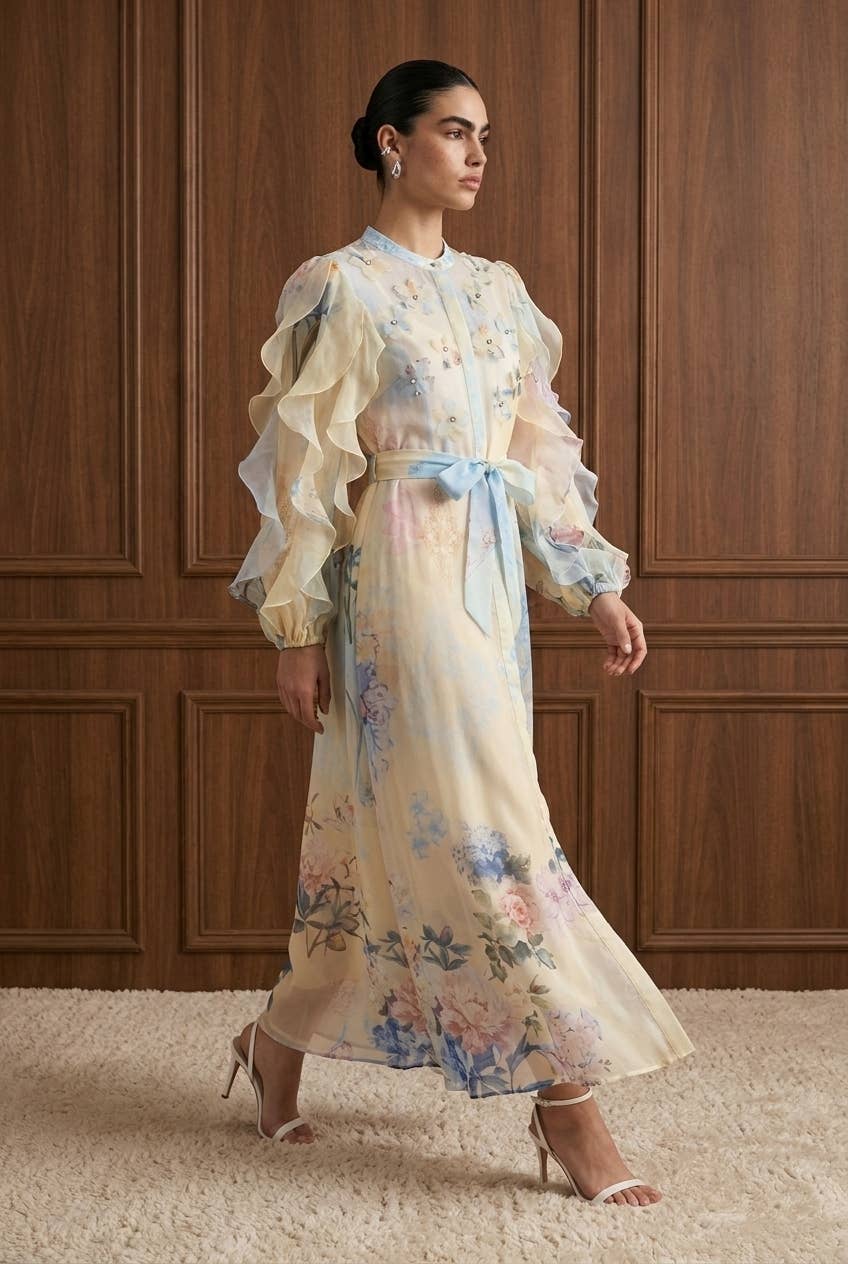 Embellished Floral Chiffon Ruffle Maxi Dress