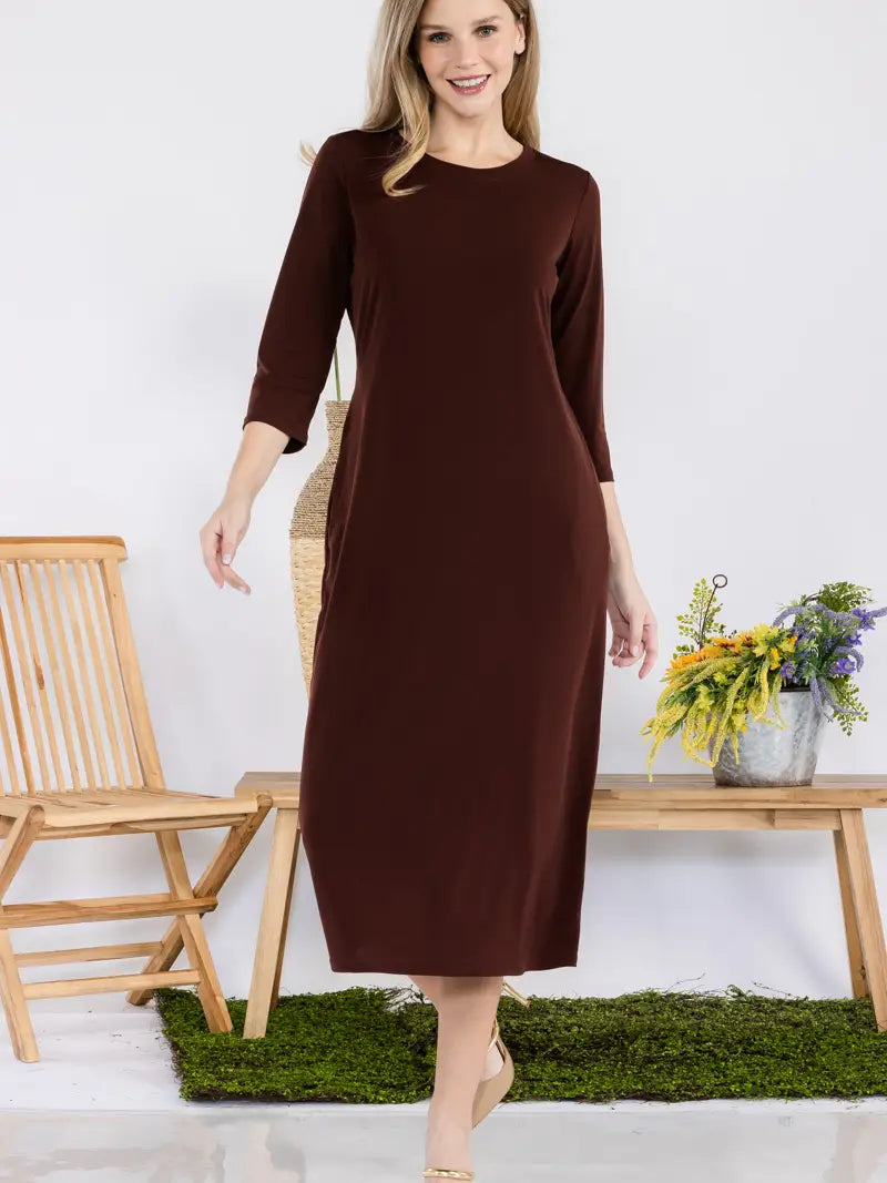 3/4 SLEEVE LAYERING DRESS> BROWN