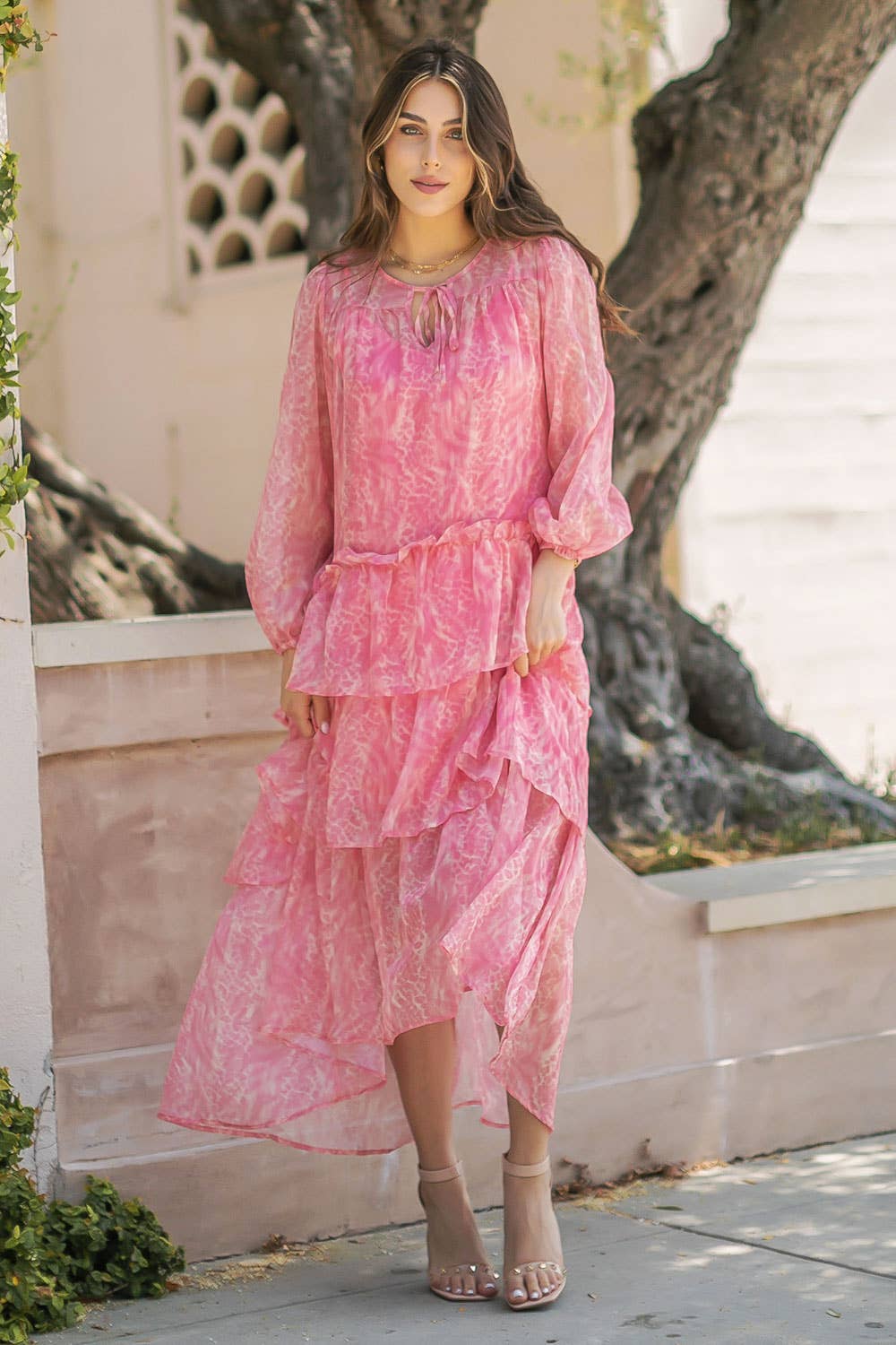 Tiered Long Sleeve Print Midi Dress