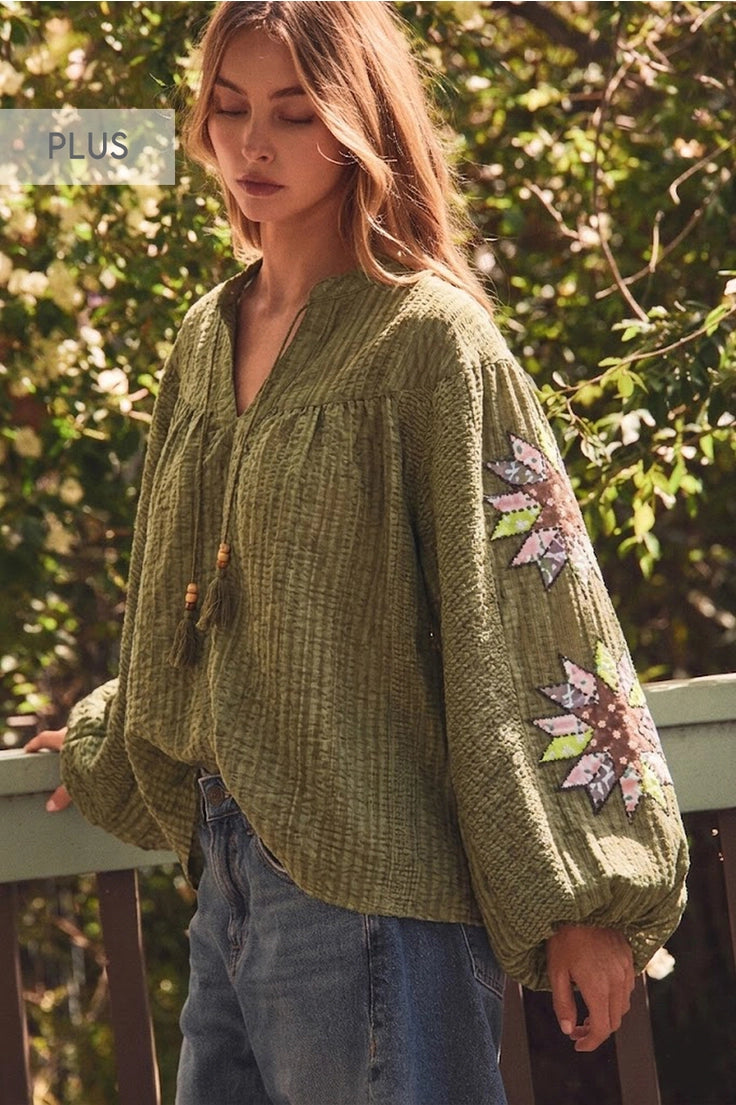 Olive Blossom Floral Sleeve Blouse