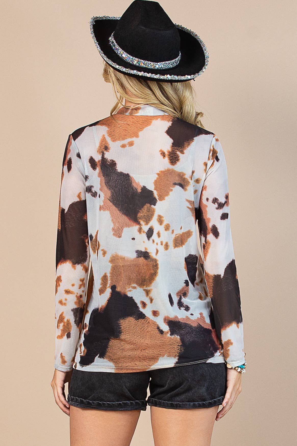 AV1230-LEILA COW PRINT SEMI SHEER MESH TOP
