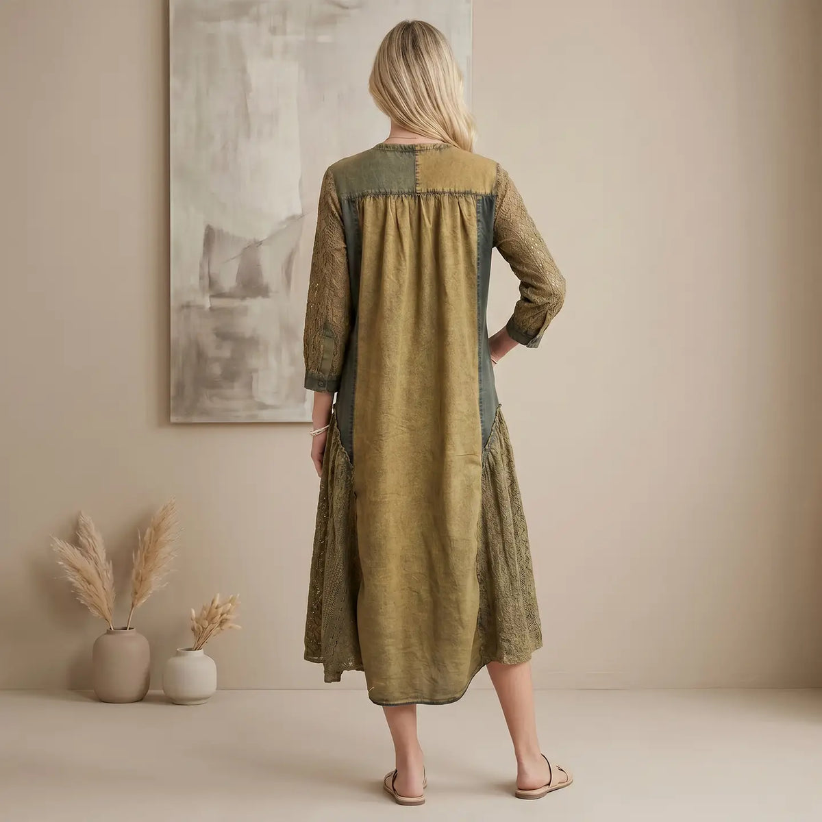 Gravel Patchwork Button-Front Midi Dress