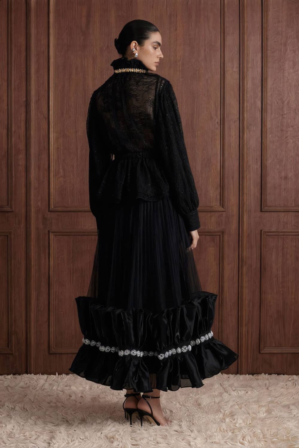 Embellished Ruffle Collar Organza Blouse