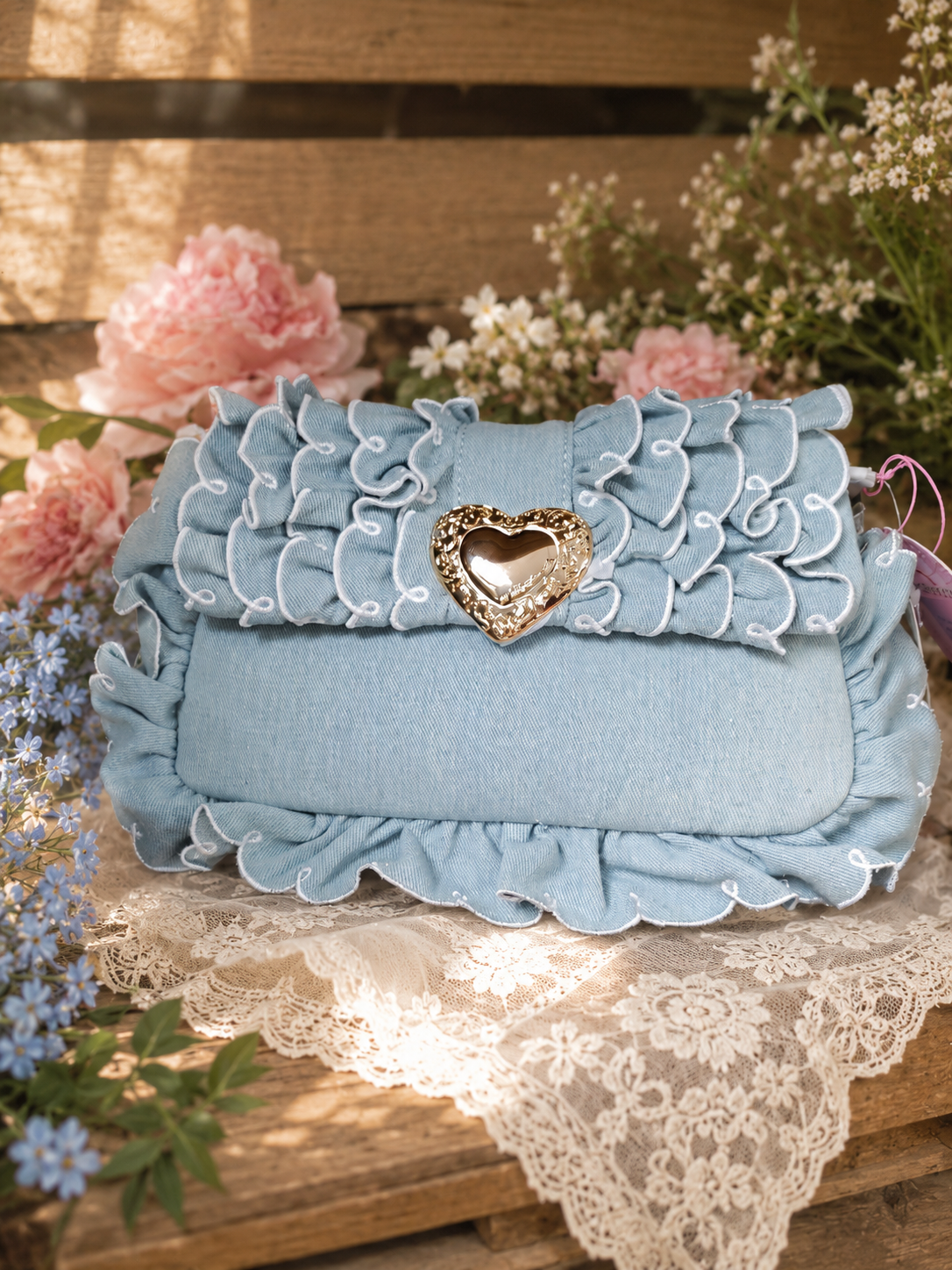Ruffled Blue Denim Handbags