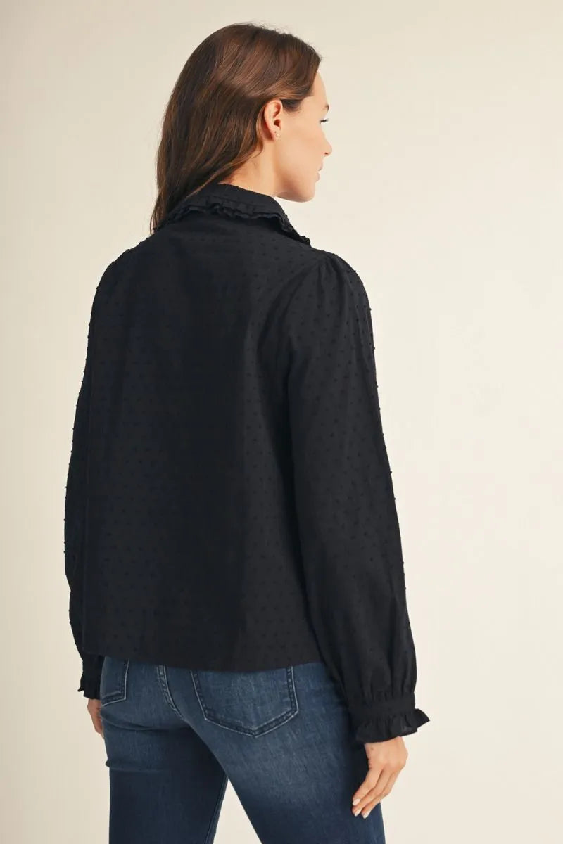 Black Pintuck Ruffle Collar Button-Down Blouse