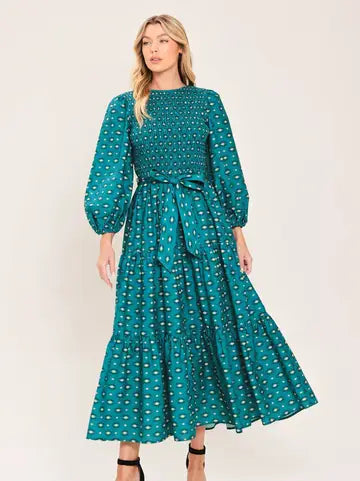 Teal Dot Smocked Woven Dress