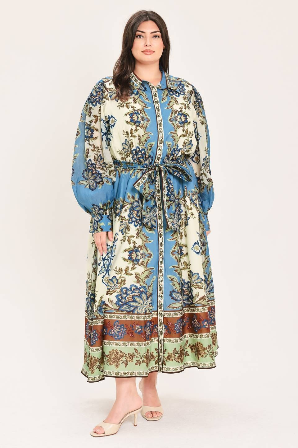 Blue Garden Floral Midi Shirt Dress