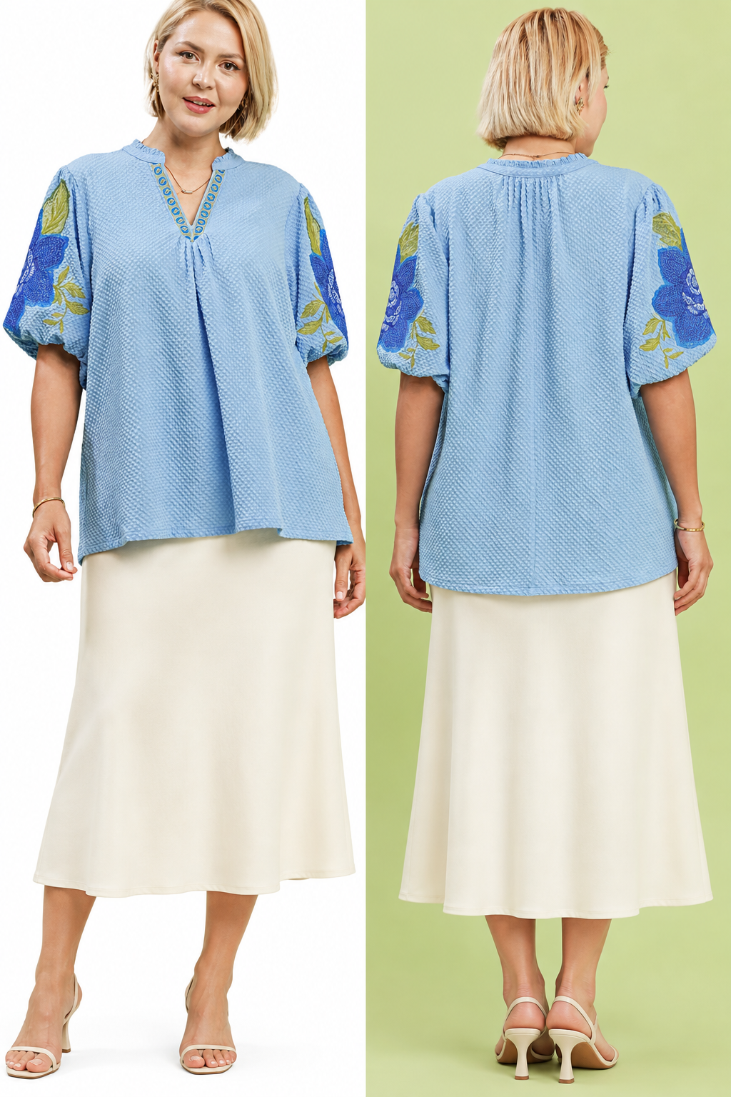 Plus Size Light Blue Embroidered Puff Sleeve Blouse