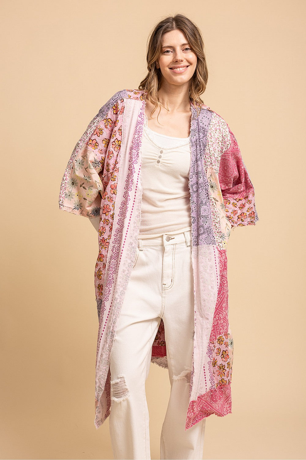 MULTI PRINT BLOCKED EXPOSED SEAM WIDE 3/4 SLEEVE DUSTER KIMONO