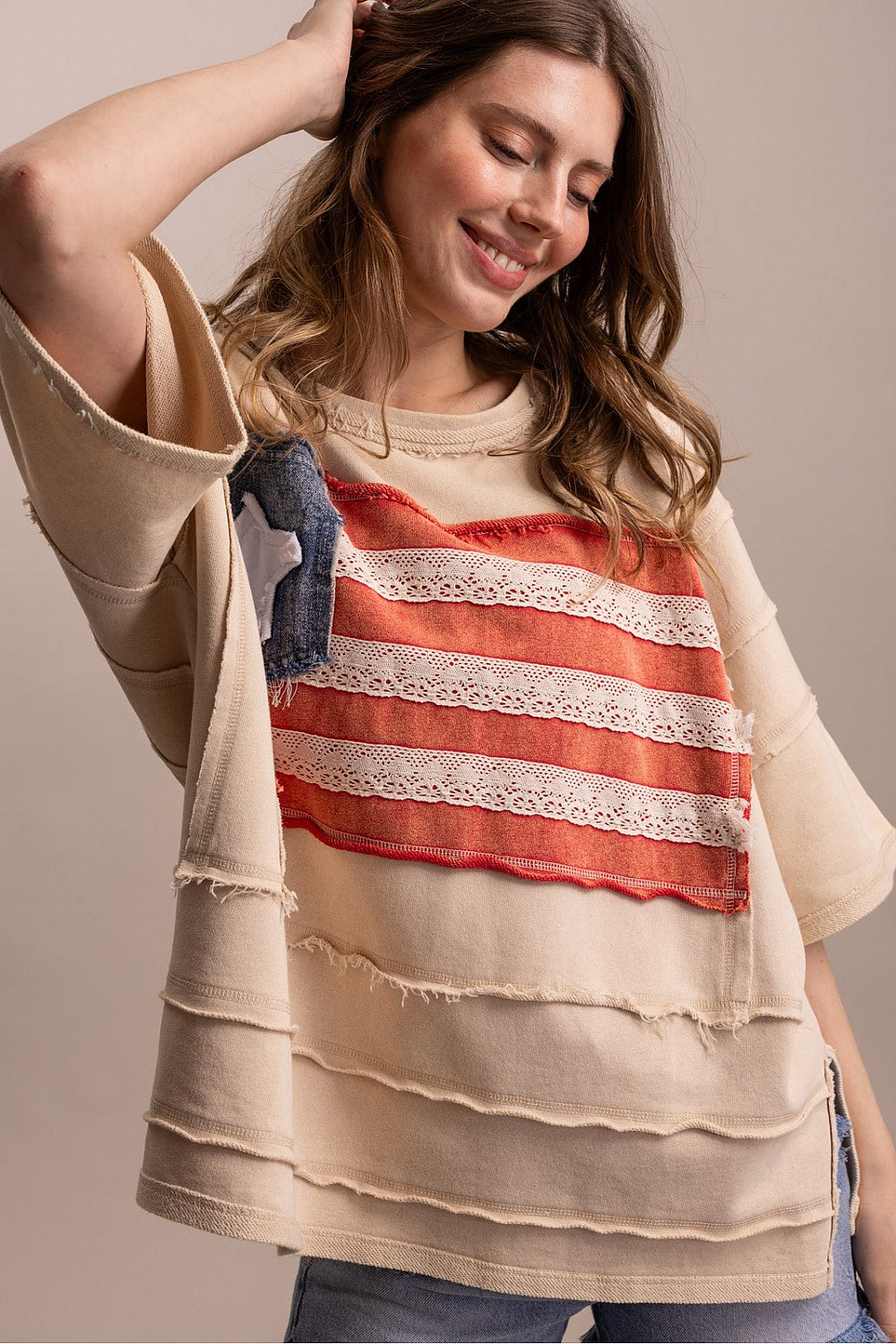 WASHED AMERICAN FLAG PULLOVER KNIT TOP>CREAM