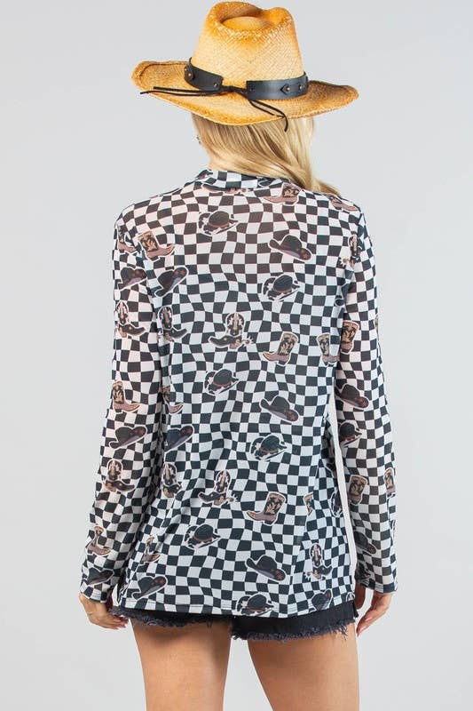 AV1230-VALERIE-5442 WESTERN PRINT CHECKERS PRINT MESH TOP
