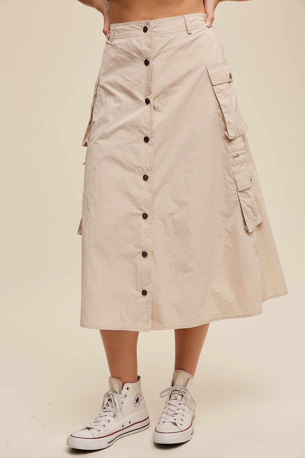 On the Move Button-Front Cargo Midi Skirt