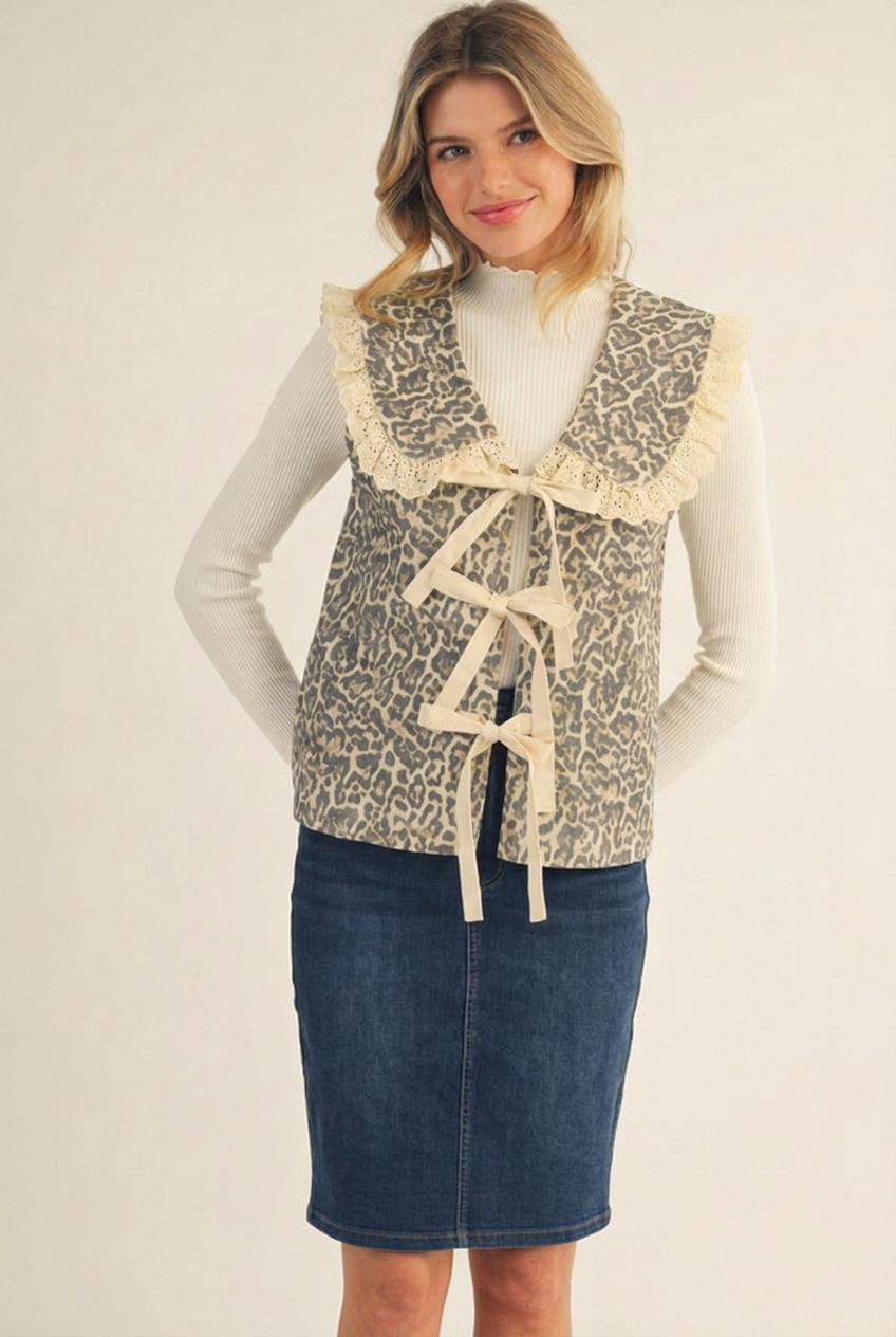 Bow & Wild Leopard Lace-Trim Vest