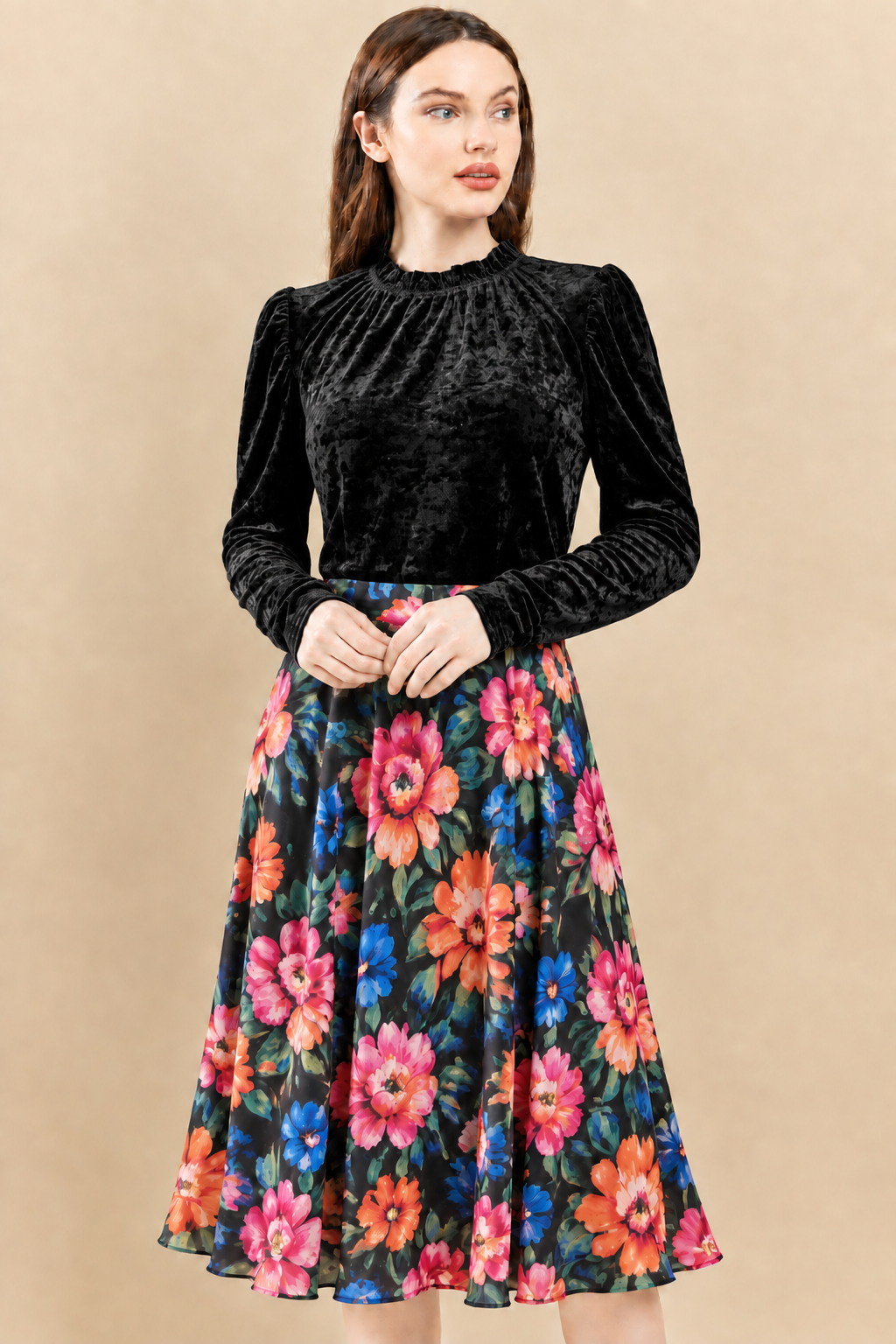 Velvet Gathered-Neck Long-Sleeve Top