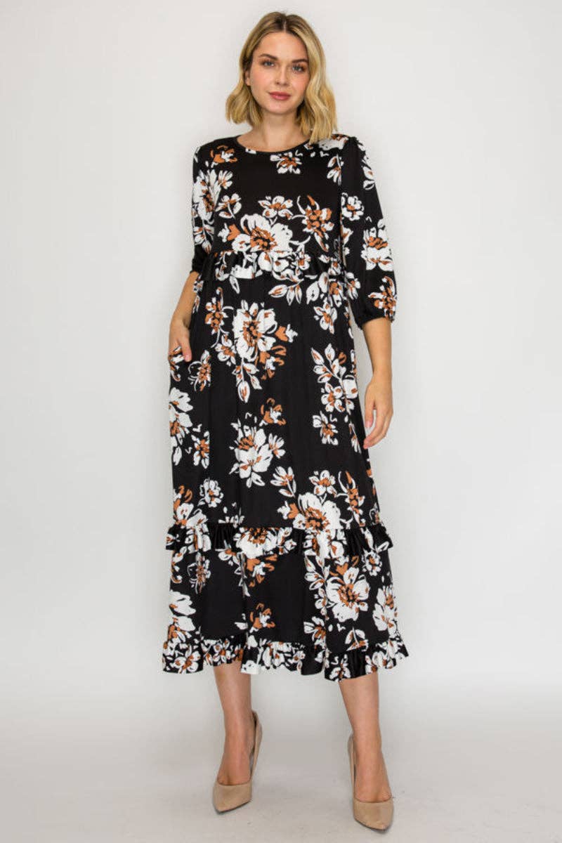 PLUS SIZE TIERED RUFFLE MIDI DRESS WITH SIDE POCKETS